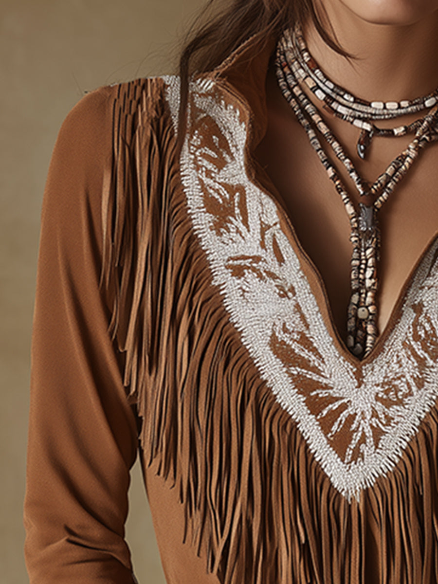 Vintage Western Style Exquisite Embroidered Tassel Brown Faux Suede Shirt