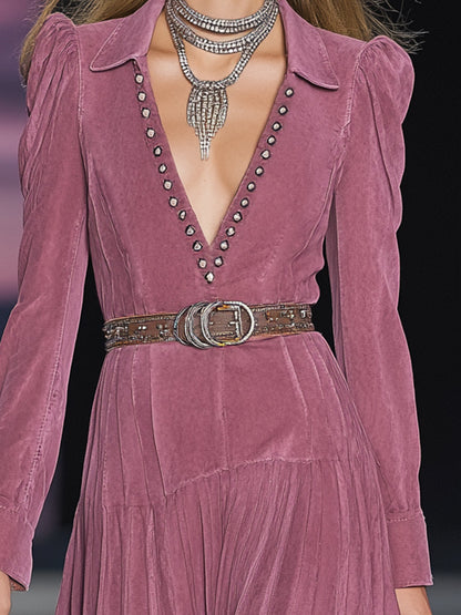 Western Pink Faux Suede V-Neck Studded Midi Dress