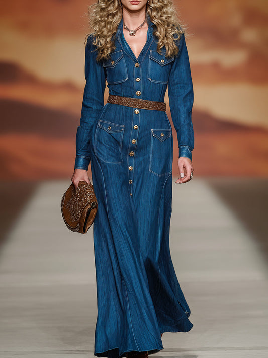 Retro-style Button-down Blue Denim Collar Maxi Dress
