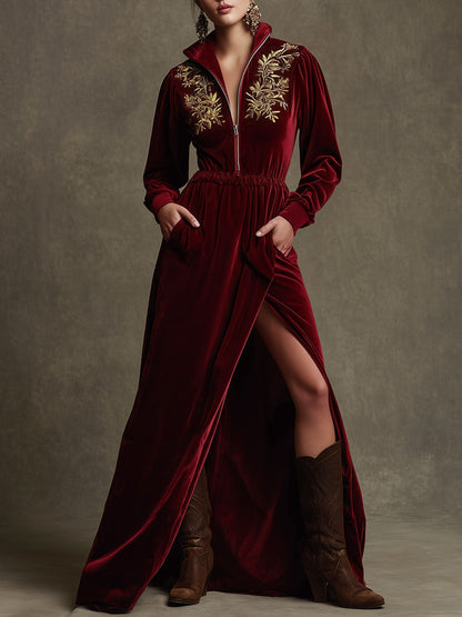 Trendy Retro Half-zip Long-sleeved Embroidered Deep Red Velvet Slit Maxi Dress