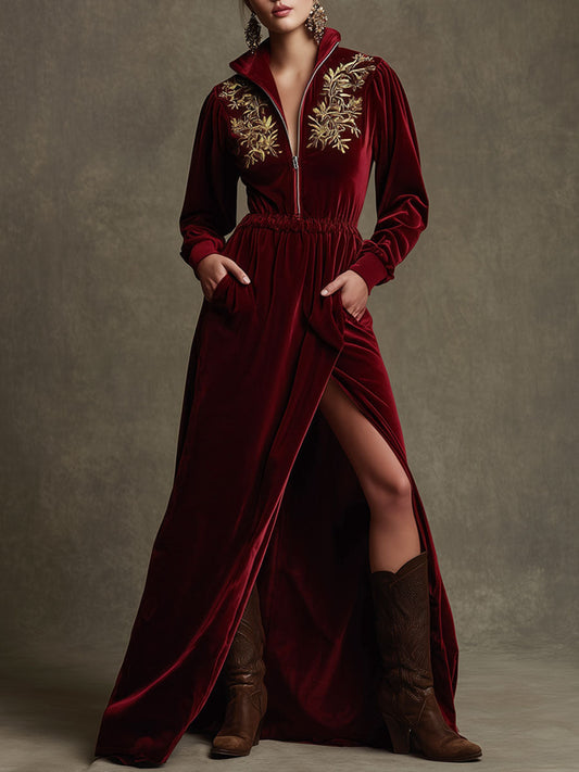 Trendy Retro Half-zip Long-sleeved Embroidered Deep Red Velvet Slit Maxi Dress