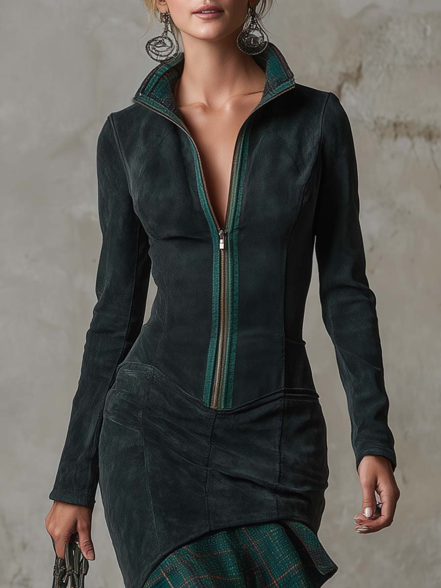 Vintage Western Lapel Front Zipper Green Plaid Ruffled Hem Dark Green Eco-friendly Suede Midi Dress