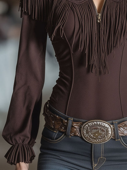 Brown Faux Suede Zippered Embroidered Tassel Top