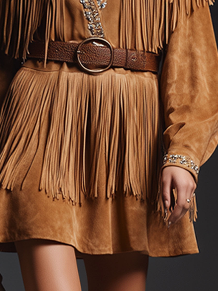 Western Retro Camel Faux Suede Tassel Long-Sleeved Mini Dress