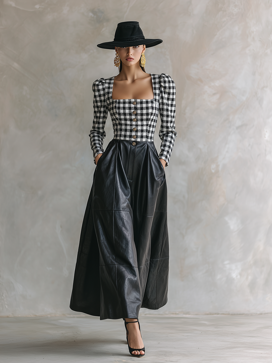 Stylish Retro Plaid Patchwork Faux Leather A-line Maxi Dress