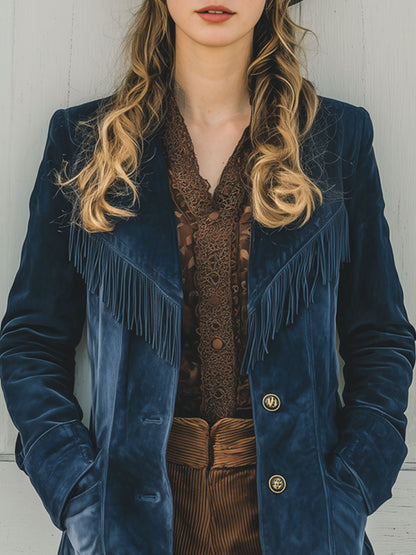 Western Retro Dark Blue Velvet Fringed Suit Jacket