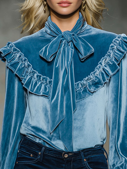 Bow Tie Ruffle Velvet Long-sleeved Shirt