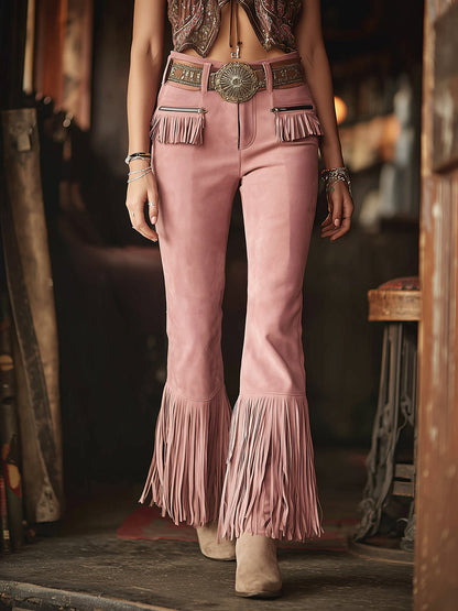 Western-style Pink Faux Suede Patchwork Tassel Pocket Zipper Trousers