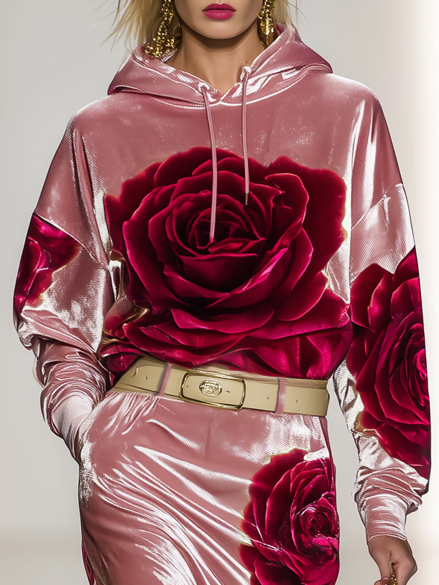 Casual And Stylish Rose Print Pink Velvet Hooded Midi Dress