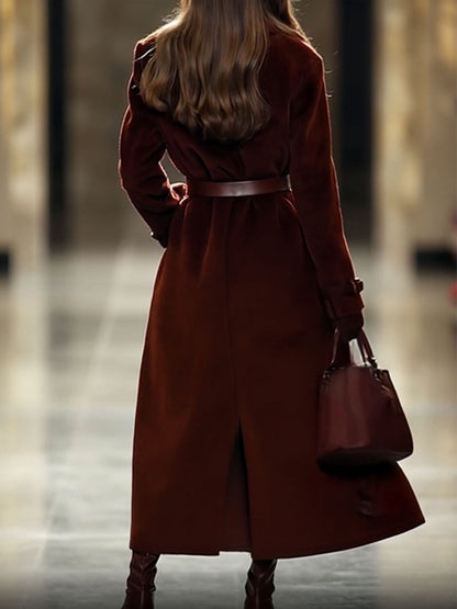 Casual Loose Vintage Angora Red Suede Pocket Lapel Extra Long Coat