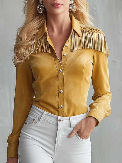 Western-style Yellow Faux Suede Patchwork Tassel Shirt