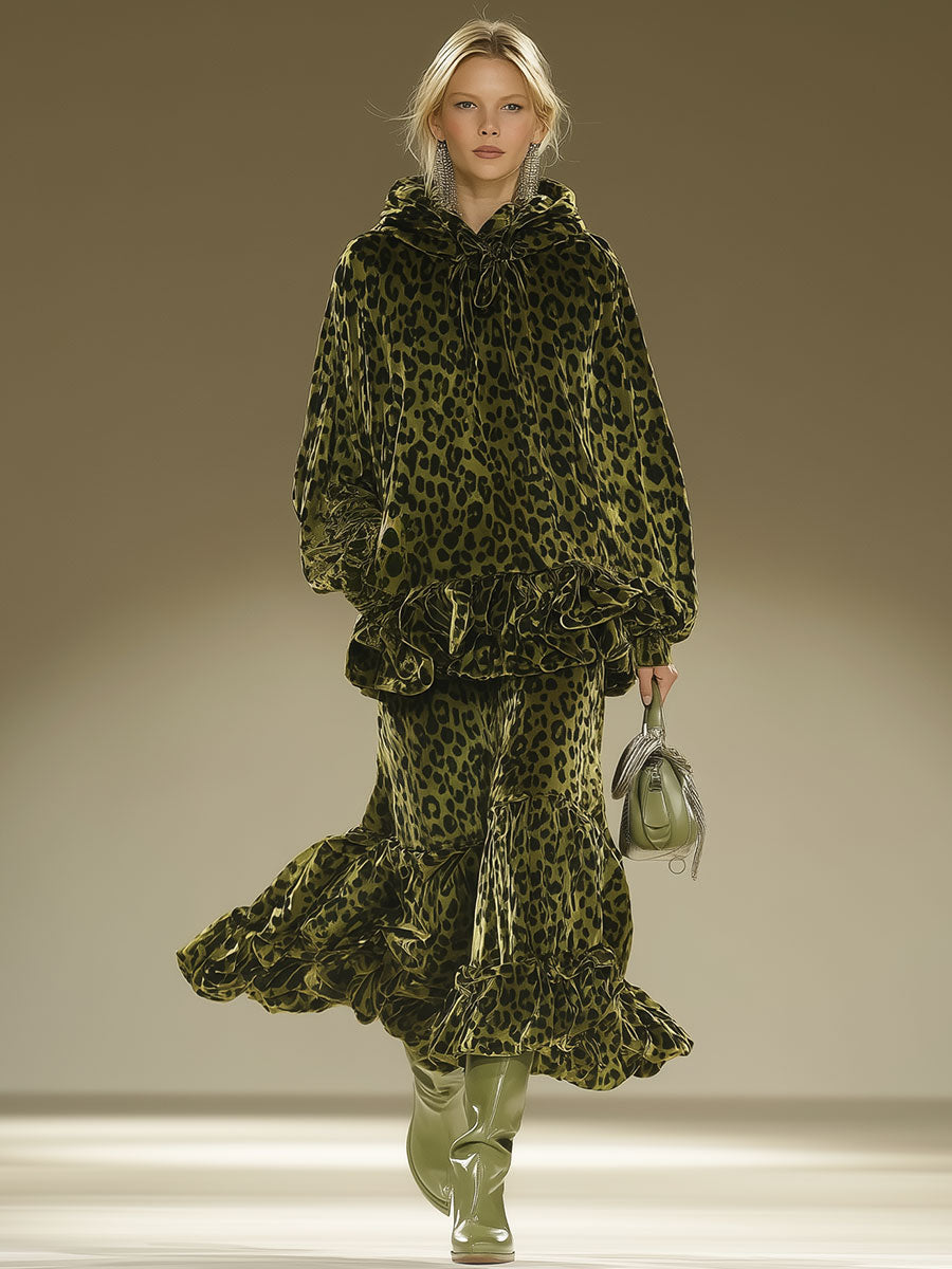Casual Retro Green Leopard Print Velvet Print Midi Skirt Set