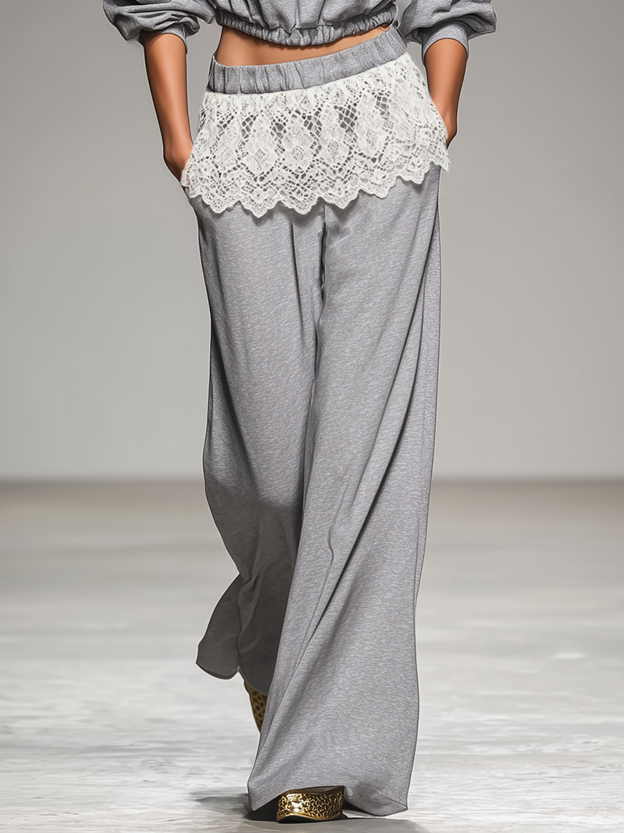 Sporty Retro Sweatshirt And Lace-trimmed Wide-leg Pants Set