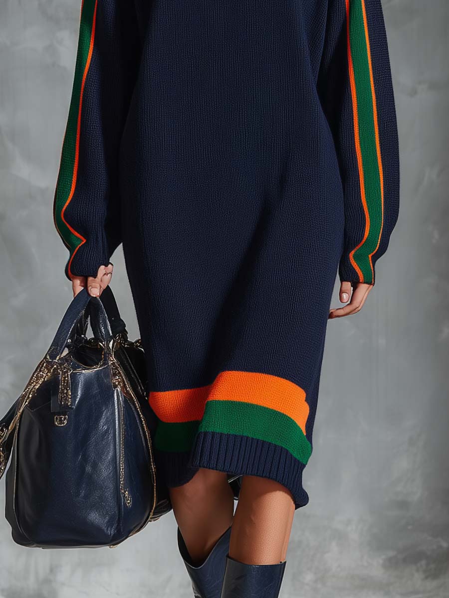 Vintage Fashion Sporty High-neck Contrast Green And Orange Striped Navy Knit Midi Dress