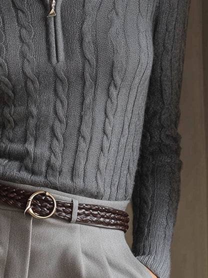 Urban Sporty Grey Half-zip Cable Knit Slim Fit Sweater