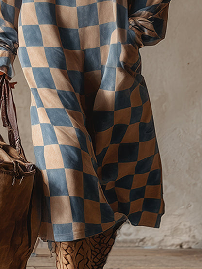 Stylish And Casual Blue-beige Checkered Faux Suede Midi Dress