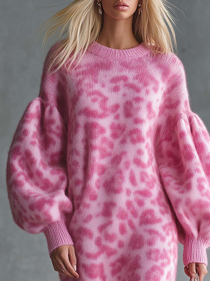 Casual Fashion Retro Crew Neck Puff Sleeves Pink Leopard Print Knit Midi Dress
