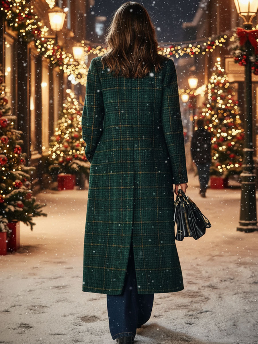 Casual Loose Retro Pocket Woolen Plaid Mid-Length Coat