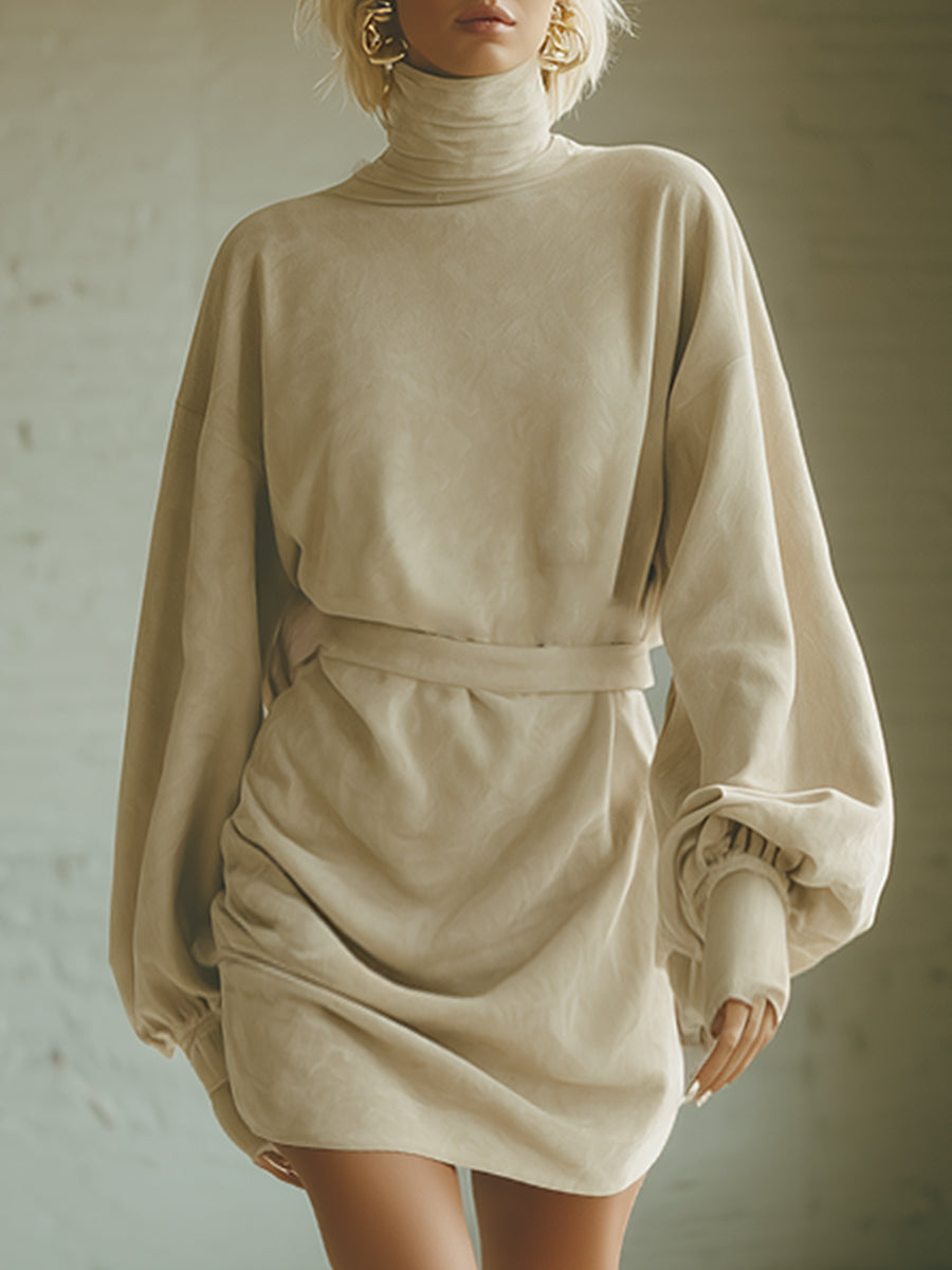 Stylish And Classic Beige Turtleneck Faux Suede Mini Dress