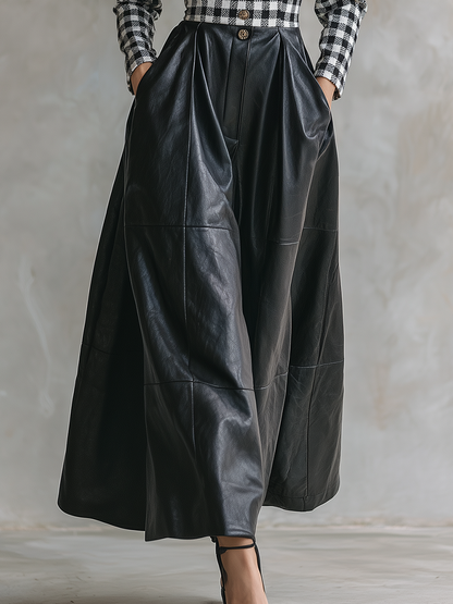 Stylish Retro Plaid Patchwork Faux Leather A-line Maxi Dress