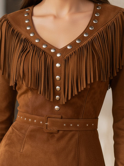 Western Brown Faux Suede Embroidered Studded Tassel Mini Dress