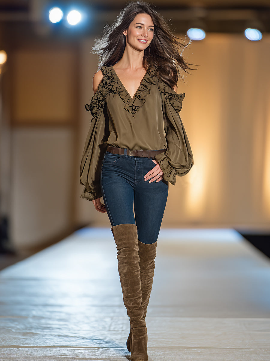 Stylish And Casual V-neck Off-shoulder Ruffled Khaki Chiffon Shirt