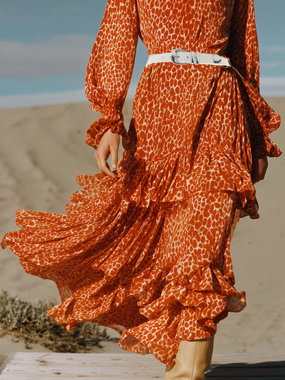 Stylish And Casual Ruffle Trim Orange Leopard Print Chiffon Maxi Dress