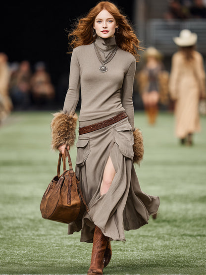 Western-style Casual Plush Cuffs And Slits Khaki Turtleneck Maxi Dress