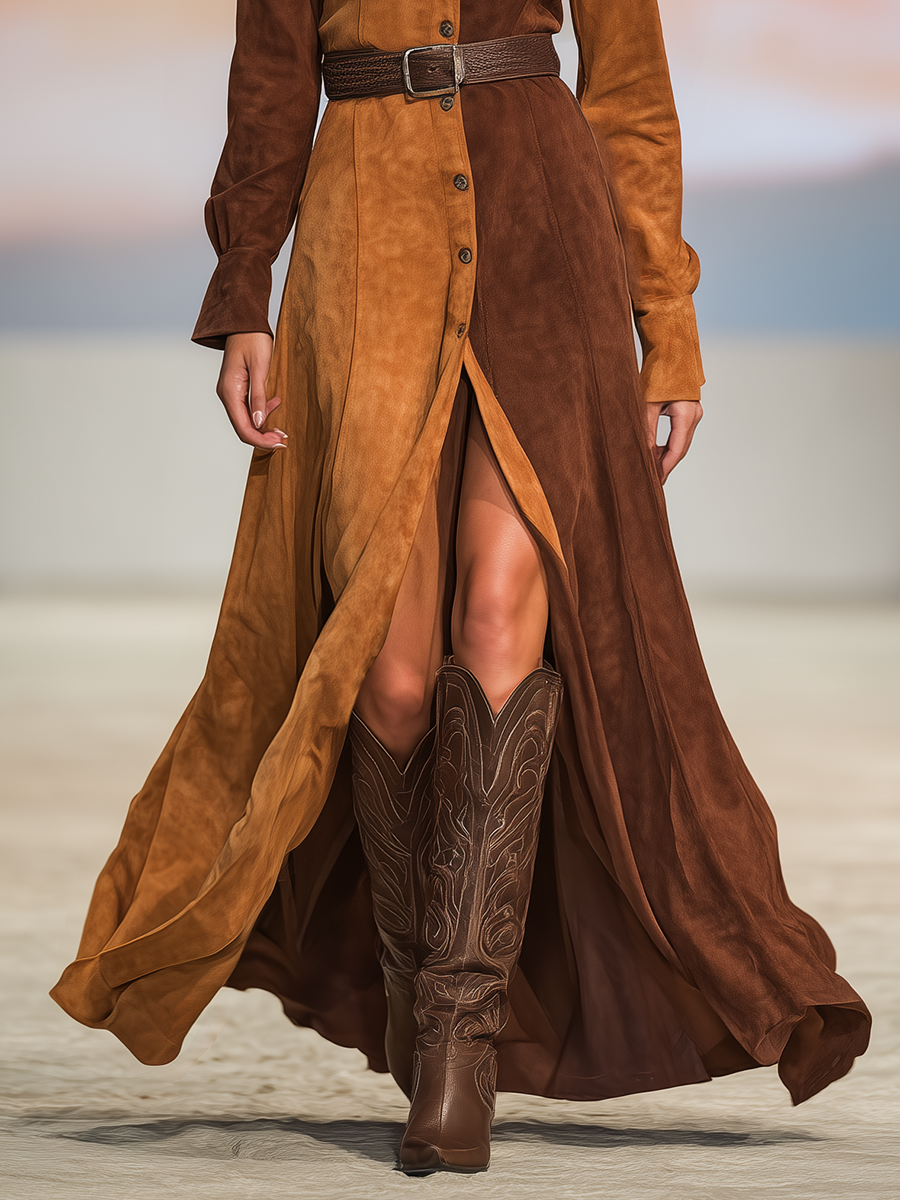 Western-style Retro Color-blocked Faux Suede Maxi Dress