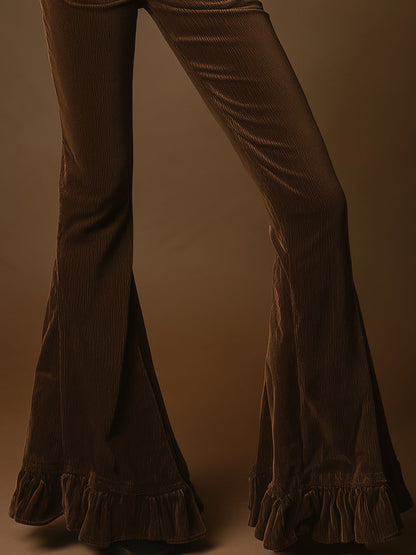 Casual And Stylish Brown Corduroy Flared Pants With Ruffled Hem