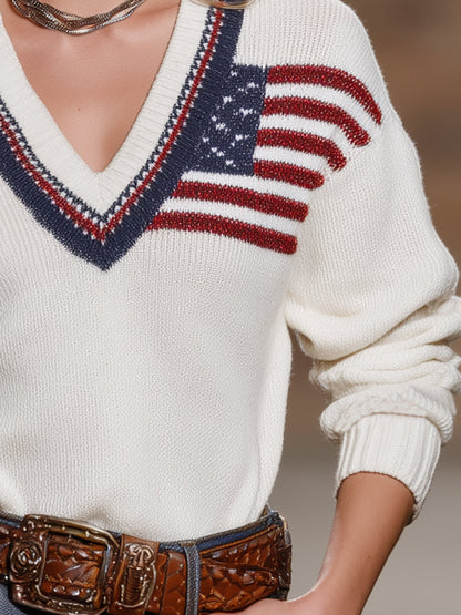 Western-style White V-neck Sweater With American Flag Elements