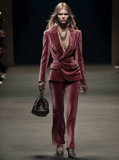 Vintage Elegant Rose Pink Velvet Suit