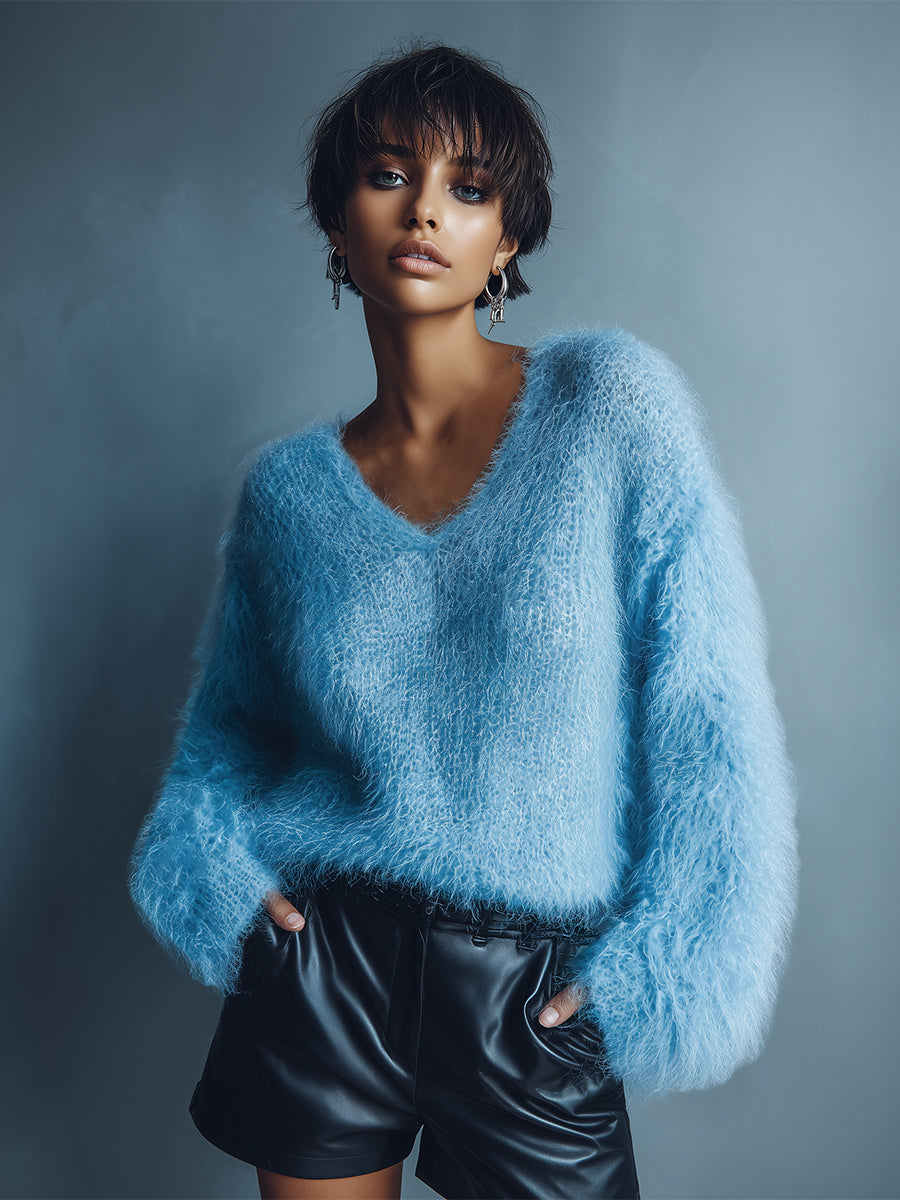 Casual Loose Light Blue V-neck Long Wool Knitted Sweater