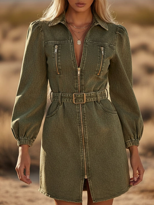 Trendy Western-style Front Zipper Green Denim Mini Dress