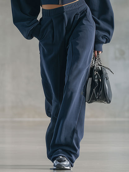 Stylish Loose Blue Zip-Up Sweatshirt And Pants Set