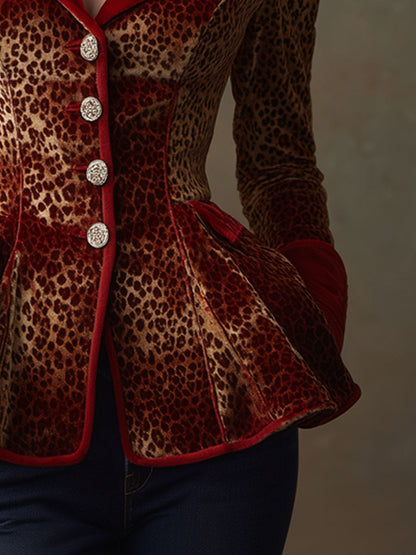 Stylish Retro Red Velvet Trim Leopard Print Ruffled Waist-cinching Blazer