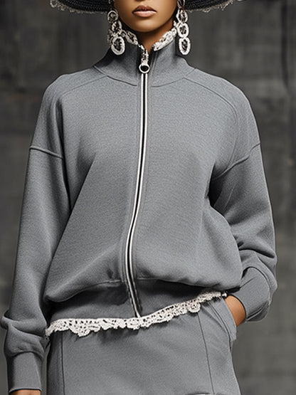 Casual Loose-fitting White Lace-trimmed Gray Sweatshirt And Skirt Set