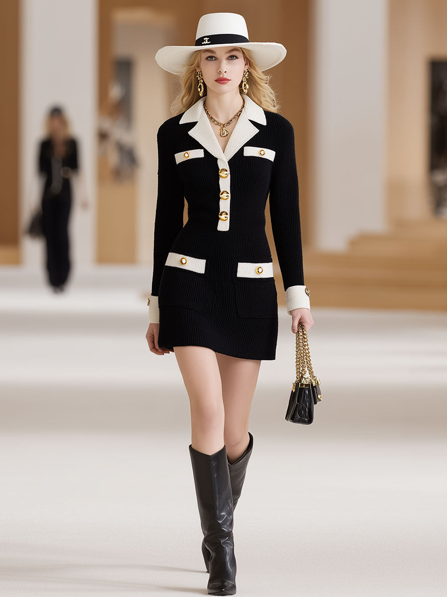 Stylish Retro White Collar Black Knit Mini Dress
