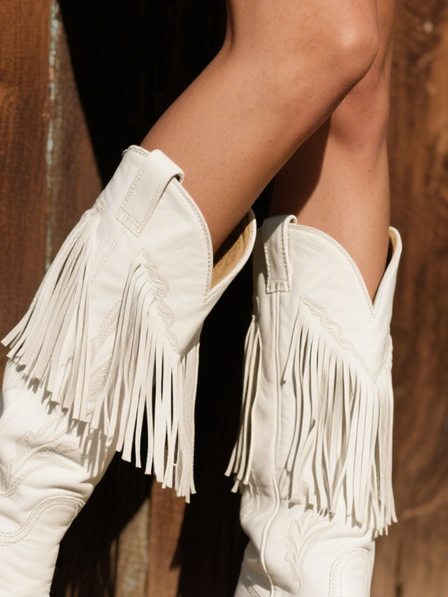 Women's Western Embroidered Tassel Leather Cowboy Boots