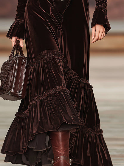 Western Brown V-neck Button-down Ruffle Maxi Dress