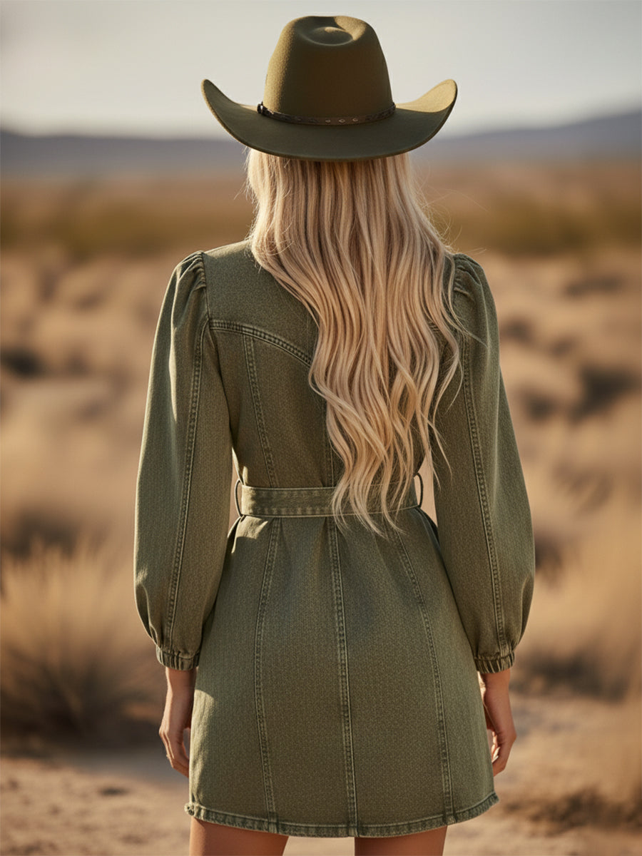 Trendy Western-style Front Zipper Green Denim Mini Dress