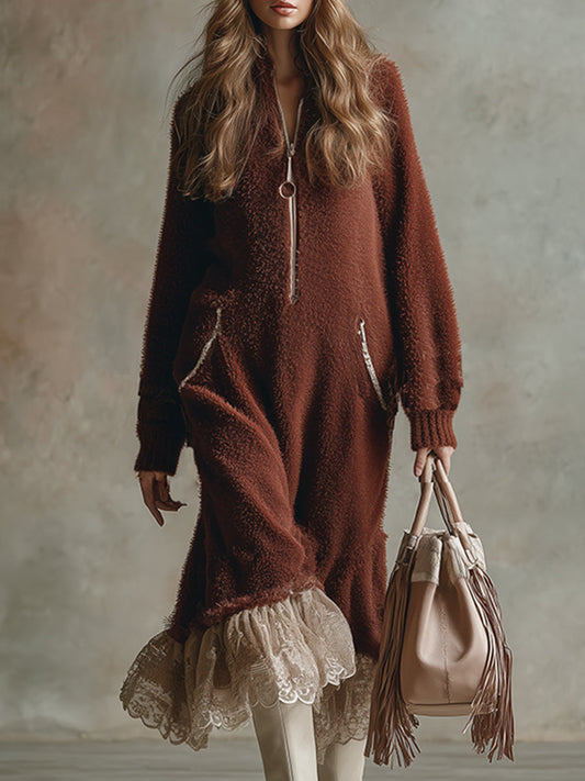 Retro-style Warm Lace Hem Brown-red Mohair Knit Midi Dress
