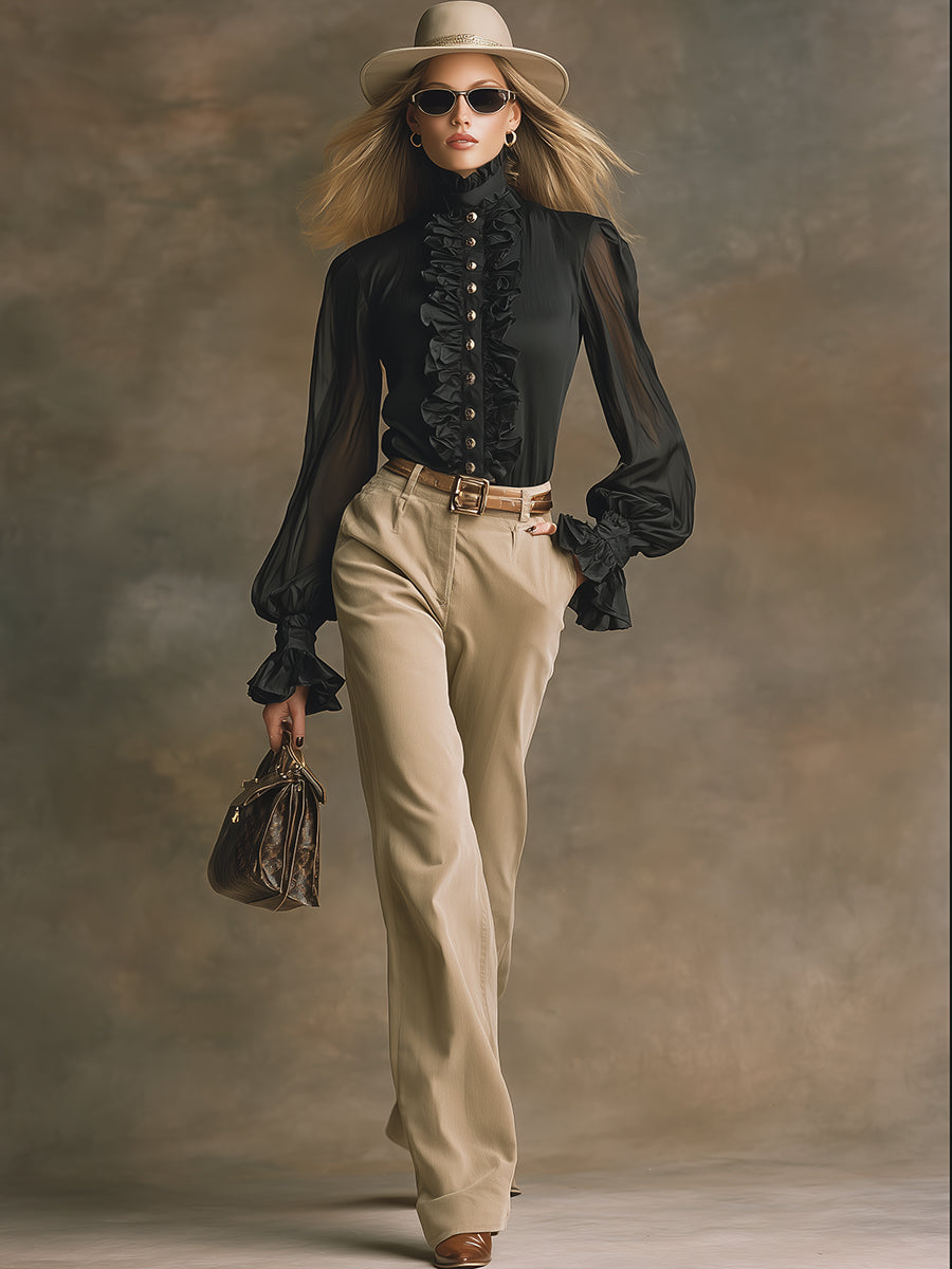 Stylish And Elegant Ruffle Trim Black Chiffon Shirt