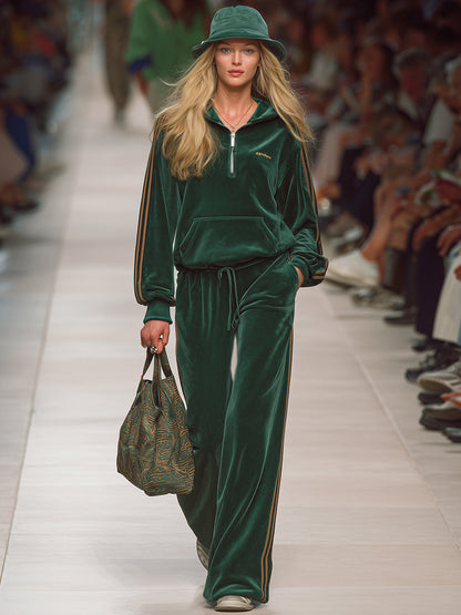 Casual Sports Green Velvet Sweatshirt And Pants Set