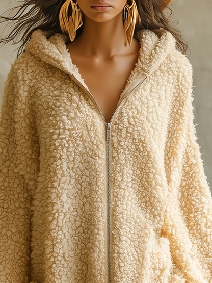 Sporty Casual Zip-up Hooded Sherpa Maxi Dress