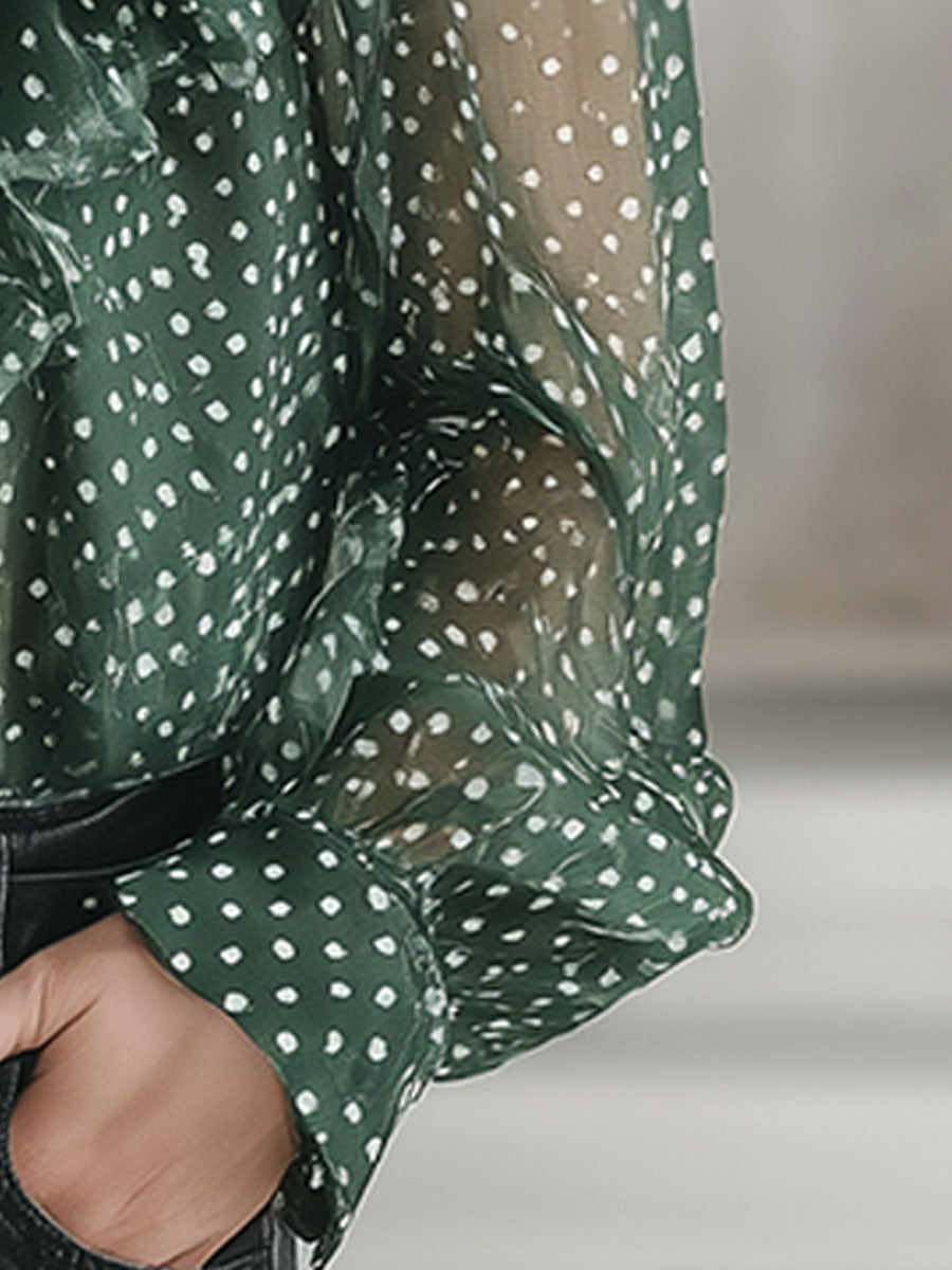 Stylish And Elegant Green Polka Dot Chiffon Ruffled Shirt