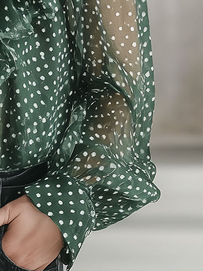 Stylish And Elegant Green Polka Dot Chiffon Ruffled Shirt