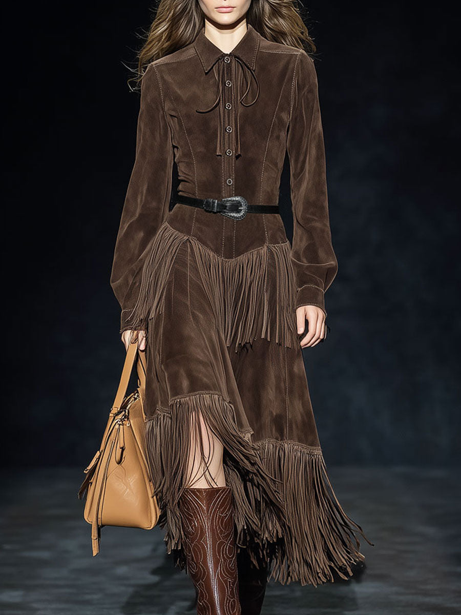 Western Retro Dark Brown Faux Suede Two-Layer Tassel Long-Sleeved Midi Dress