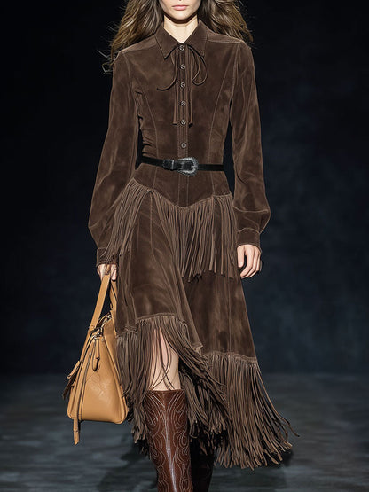 Western Retro Dark Brown Faux Suede Two-Layer Tassel Long-Sleeved Midi Dress