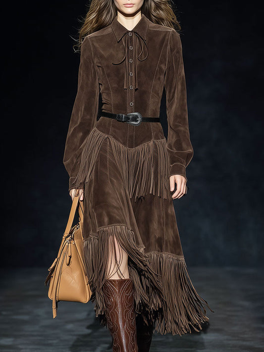 Western Retro Dark Brown Faux Suede Two-Layer Tassel Long-Sleeved Midi Dress